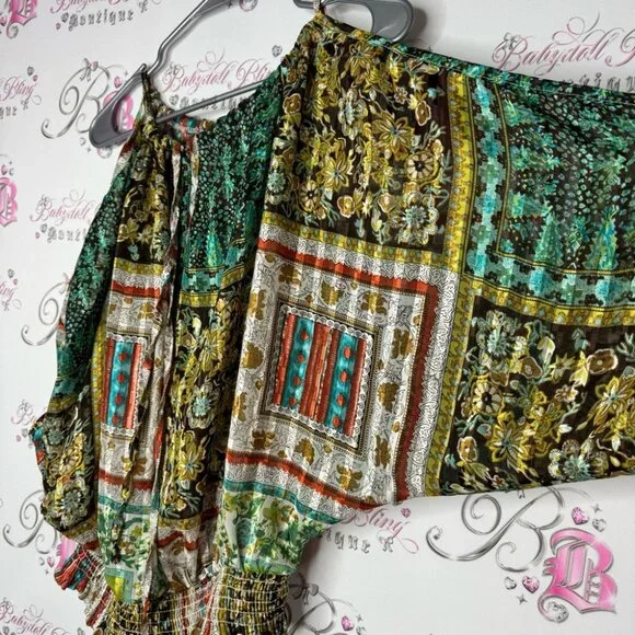 Costa Blanca open shoulder blouse top shirt paisley boho silky shimmer keyhole - Picture 2 of 12